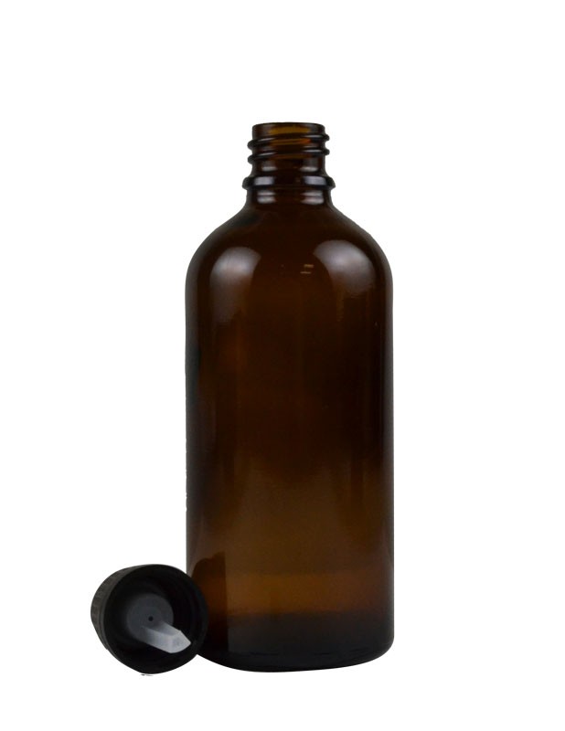 3.4 oz. (100 ml) Amber Glass Bottle with Self Seal Cap (Black) Packaging