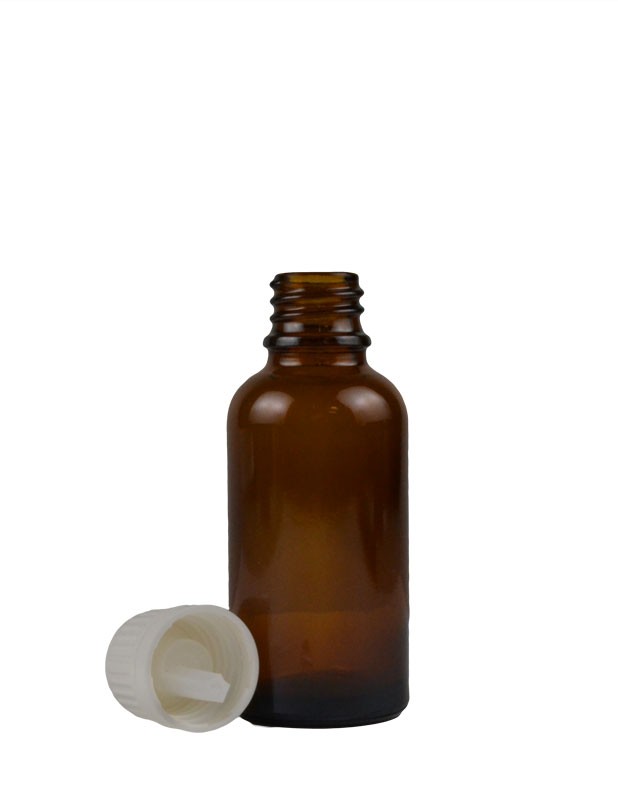 1 oz. (30 ml) Amber Glass Bottle with Self Seal Cap (White) Packaging
