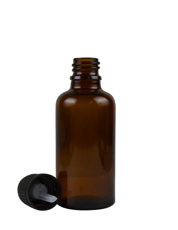 1.8 oz. (50 ml) Amber Glass Bottle with Self Seal Cap (Black) Packaging
